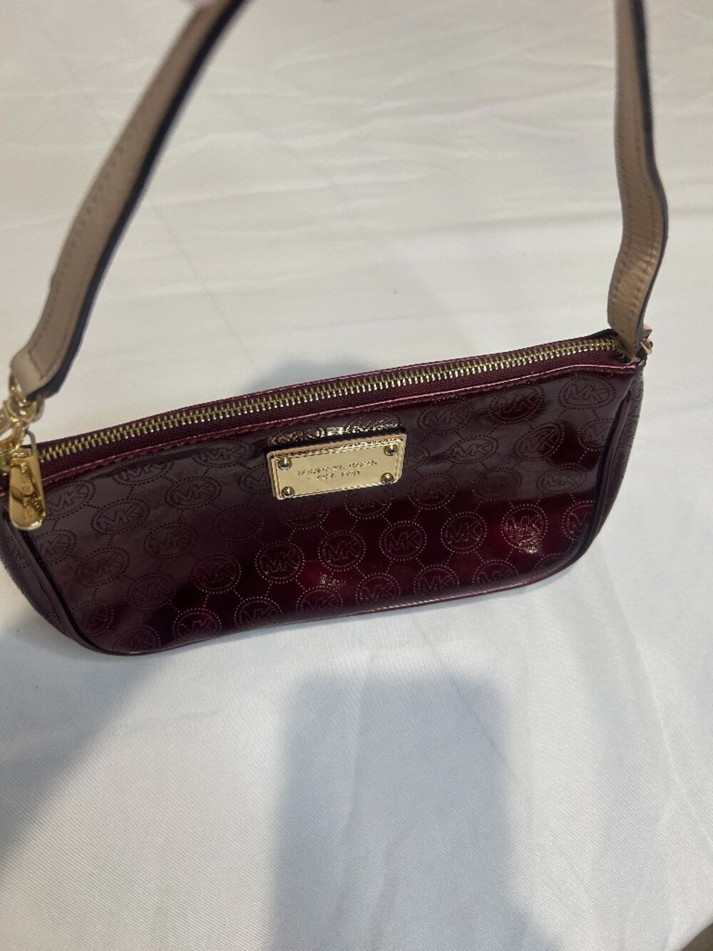 Michael Kors Burgundy Patent Monogram Small Shoulder Bag Pouchette
